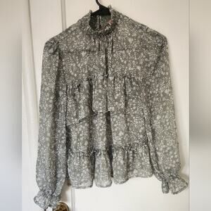 Rabbit Rose Blouse Women's Floral Ruffle Sheer Green White small